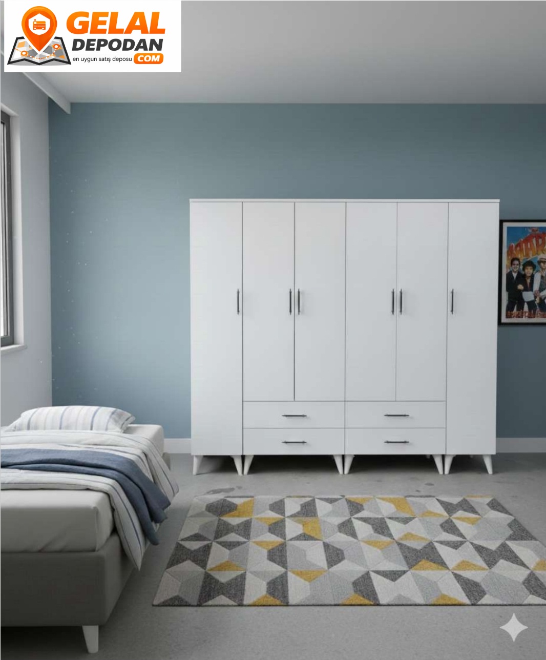 6 Kapaklı 4 Çekmeceli Beyaz Gardırop